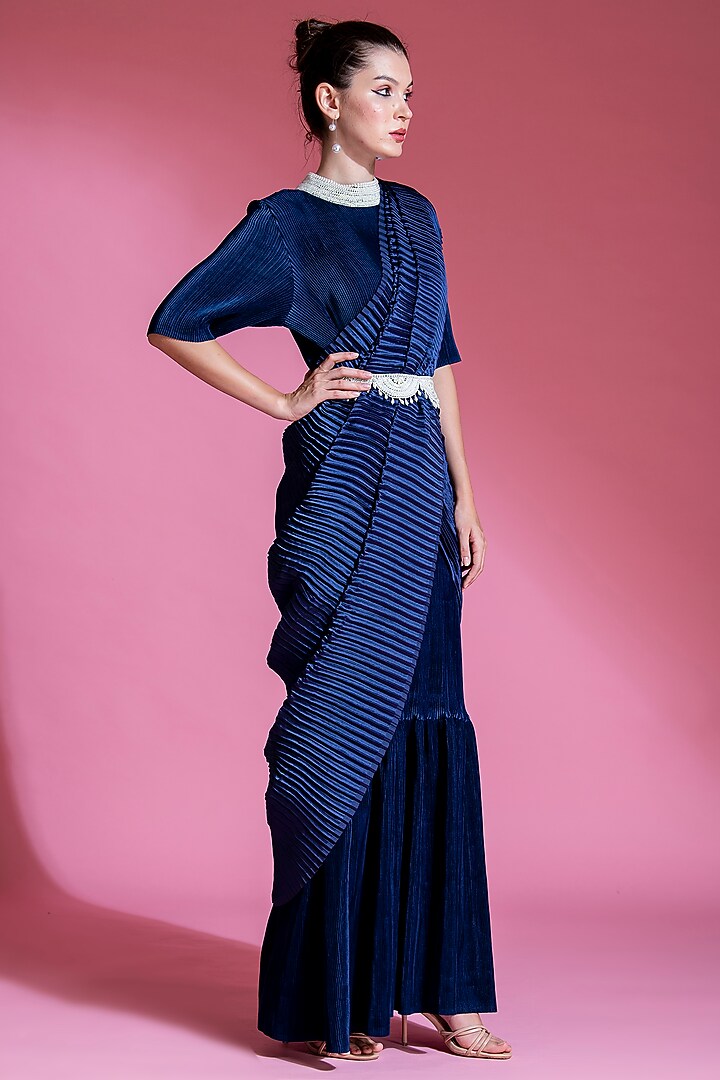Indigo Blue Satin Viscose Pleated Party Wear Saree Set by Preeti Mehta at Pernia's Pop Up Shop