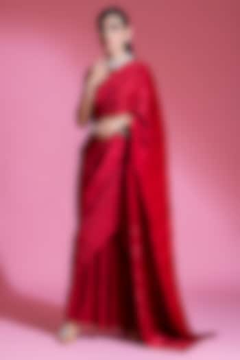 Cherry Red Satin Viscose Pleated Saree Set by Preeti Mehta