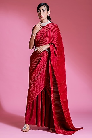 Cherry Red Satin Viscose Pleated Saree Set by Preeti Mehta