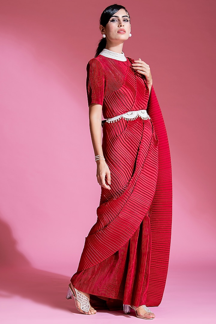 Cherry Red Satin Viscose Pleated Party Wear Saree Set by Preeti Mehta at Pernia's Pop Up Shop