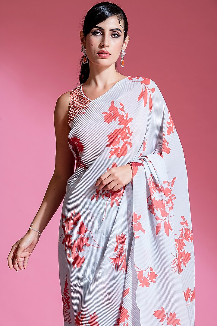 Pale Blue Polyester Georgette Digital Printed Pre-Draped Party Wear Saree Set by Preeti Mehta at Pernia's Pop Up Shop