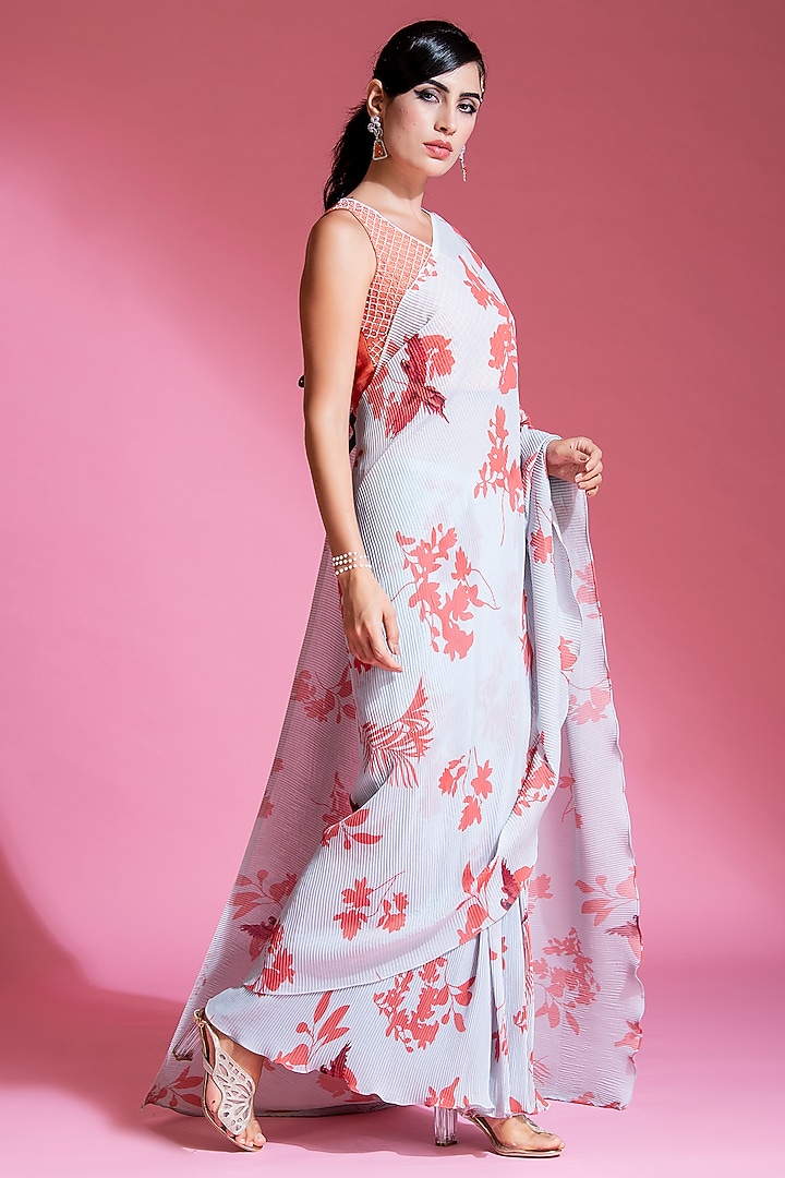 Pale Blue Polyester Georgette Digital Printed Pre-Draped Party Wear Saree Set by Preeti Mehta at Pernia's Pop Up Shop