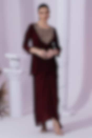 Wine Red Micro Peated Tissue Satin Dhoti Set by Preeti mehta at Pernia's Pop Up Shop