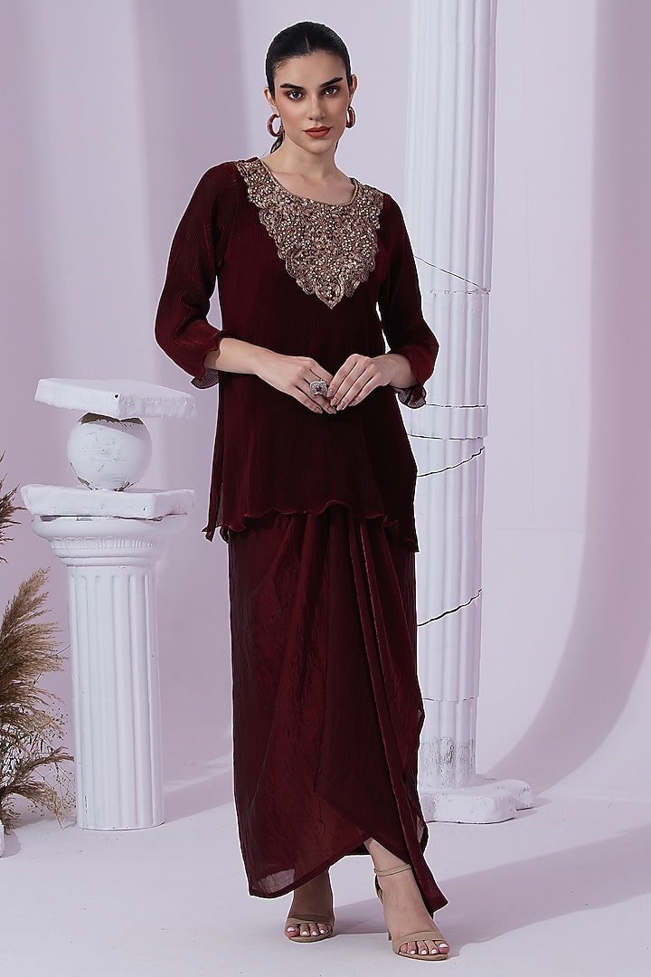 Wine Red Micro Peated Tissue Satin Dhoti Set by Preeti mehta at Pernia's Pop Up Shop