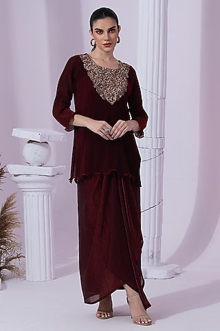 Wine Red Micro Peated Tissue Satin Dhoti Set by Preeti mehta