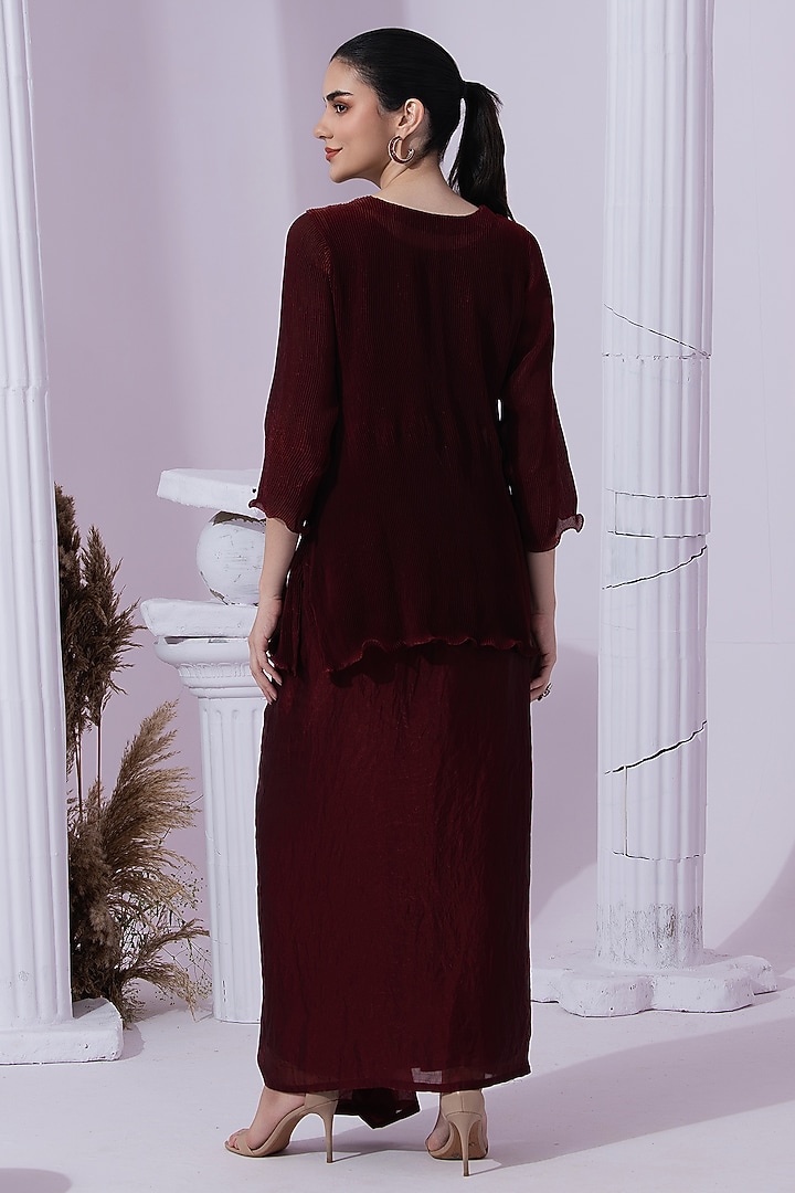 Wine Red Micro Peated Tissue Satin Dhoti Set by Preeti mehta at Pernia's Pop Up Shop