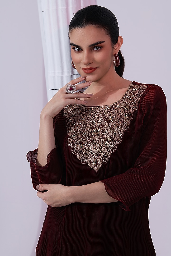 Wine Red Micro Peated Tissue Satin Dhoti Set by Preeti mehta at Pernia's Pop Up Shop