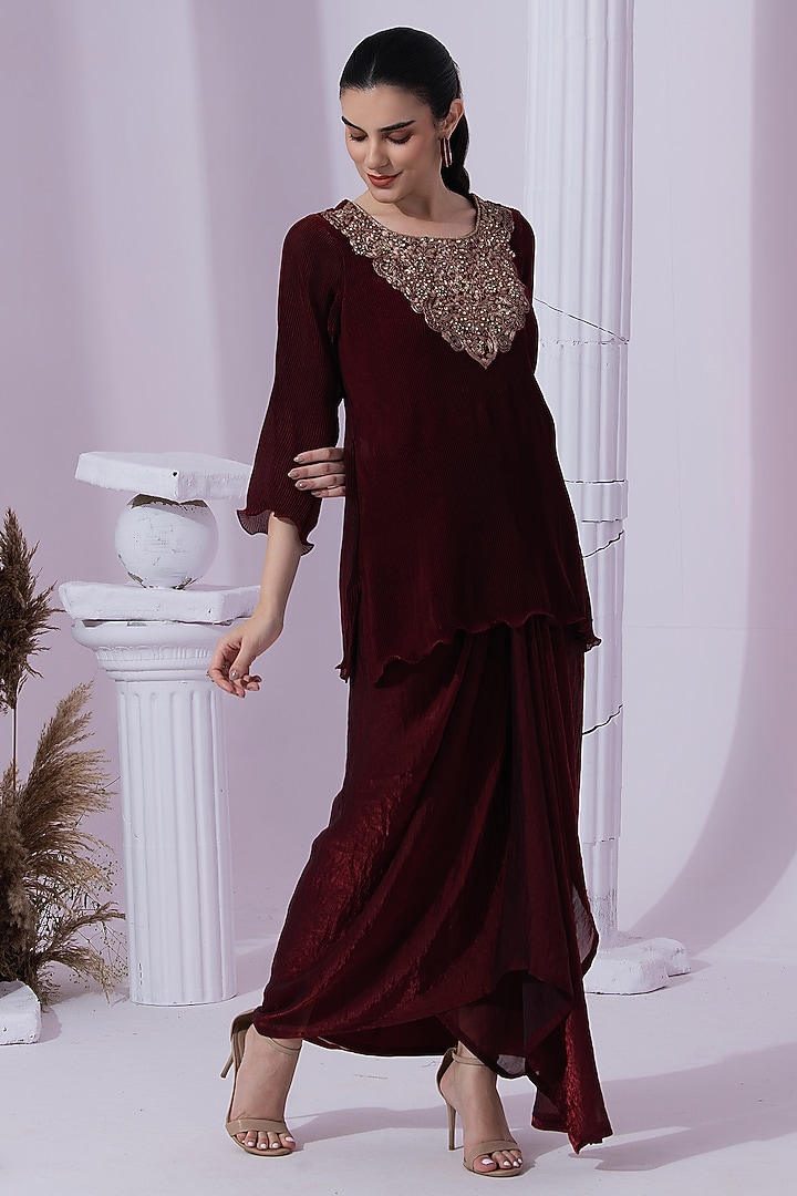 Wine Red Micro Peated Tissue Satin Dhoti Set by Preeti mehta at Pernia's Pop Up Shop
