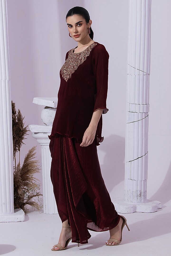 Wine Red Micro Peated Tissue Satin Dhoti Set by Preeti mehta at Pernia's Pop Up Shop