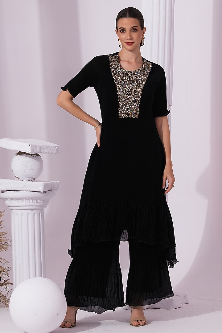 Metallic Black Micro Pleated Tissue Satin Party Wear Sharara Set by Preeti mehta at Pernia's Pop Up Shop