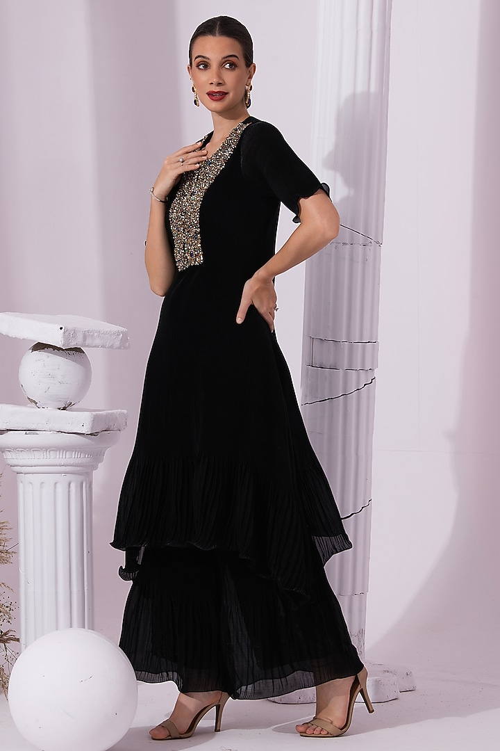 Metallic Black Micro Pleated Tissue Satin Party Wear Sharara Set by Preeti mehta at Pernia's Pop Up Shop