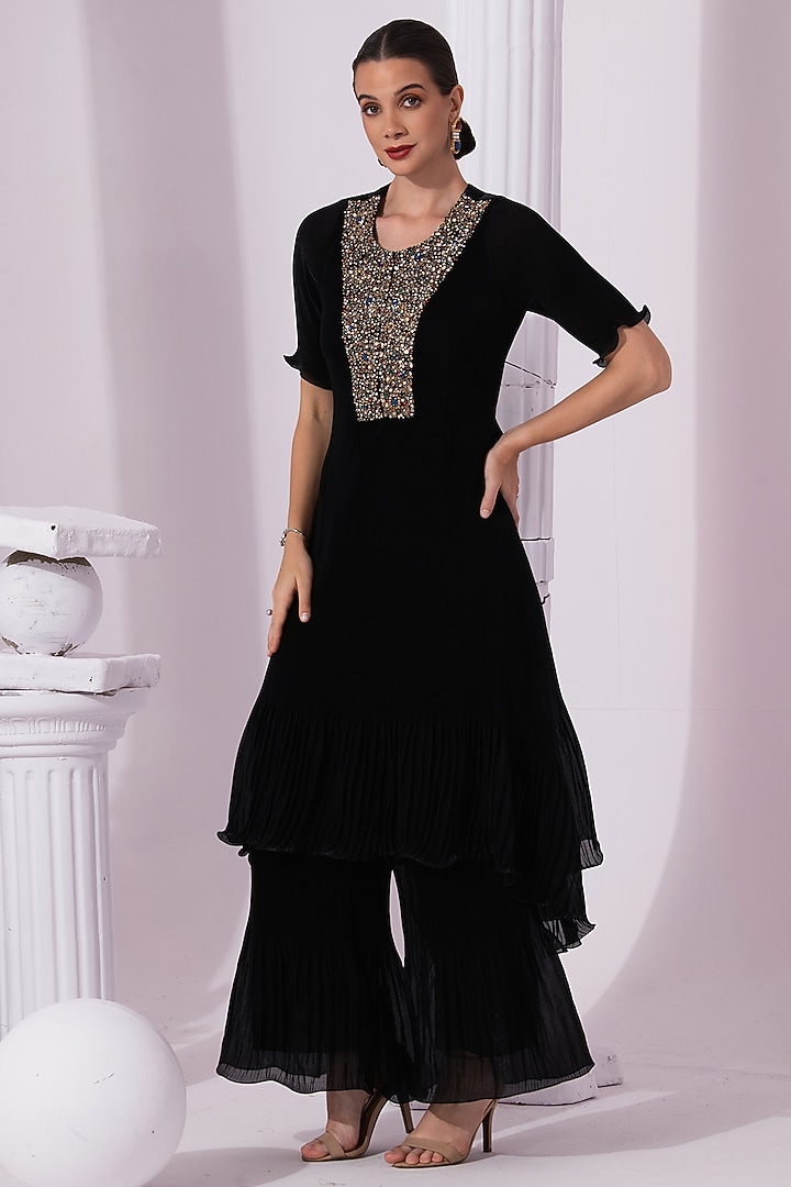 Metallic Black Micro Pleated Tissue Satin Party Wear Sharara Set by Preeti mehta at Pernia's Pop Up Shop