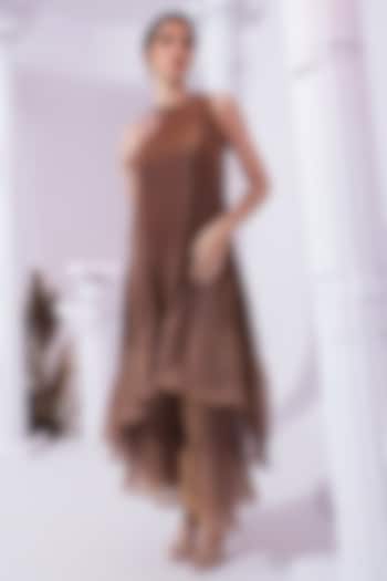 Chestnut Brown Tissue Satin Embroidered Party Wear Sharara Set by Preeti mehta at Pernia's Pop Up Shop