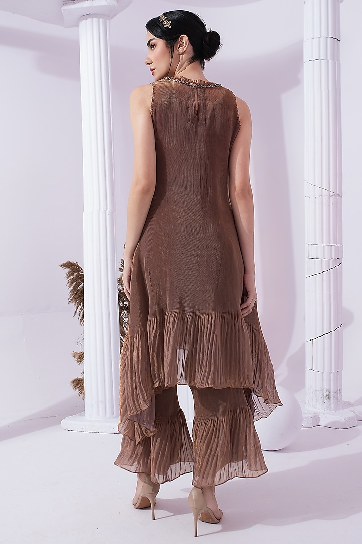 Chestnut Brown Tissue Satin Embroidered Party Wear Sharara Set by Preeti mehta at Pernia's Pop Up Shop