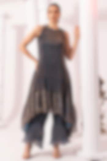 Steel Blue Tissue Satin Embroidered Party Wear Sharara Set by Preeti mehta at Pernia's Pop Up Shop