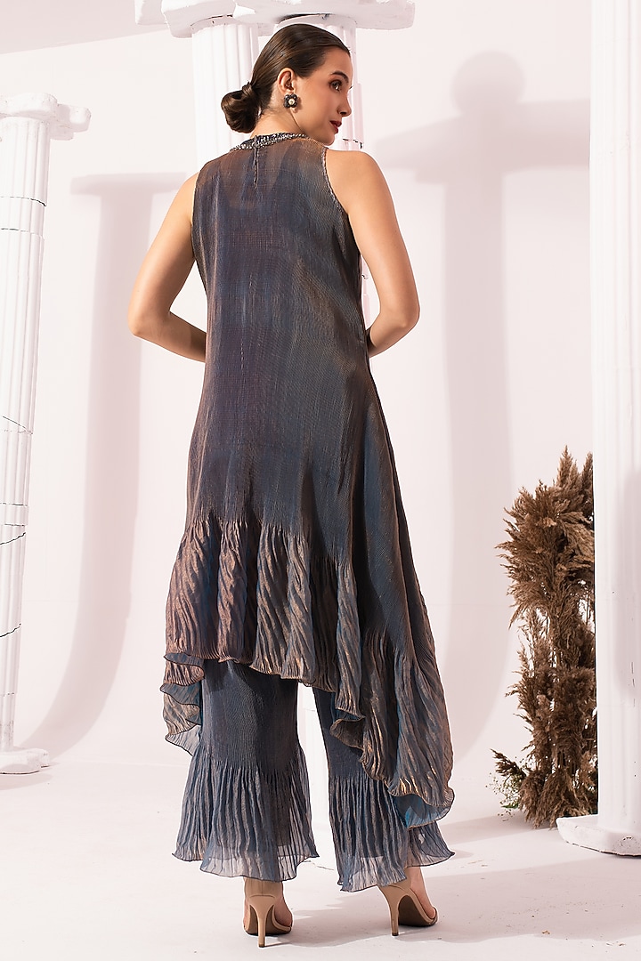 Steel Blue Tissue Satin Embroidered Party Wear Sharara Set by Preeti mehta at Pernia's Pop Up Shop