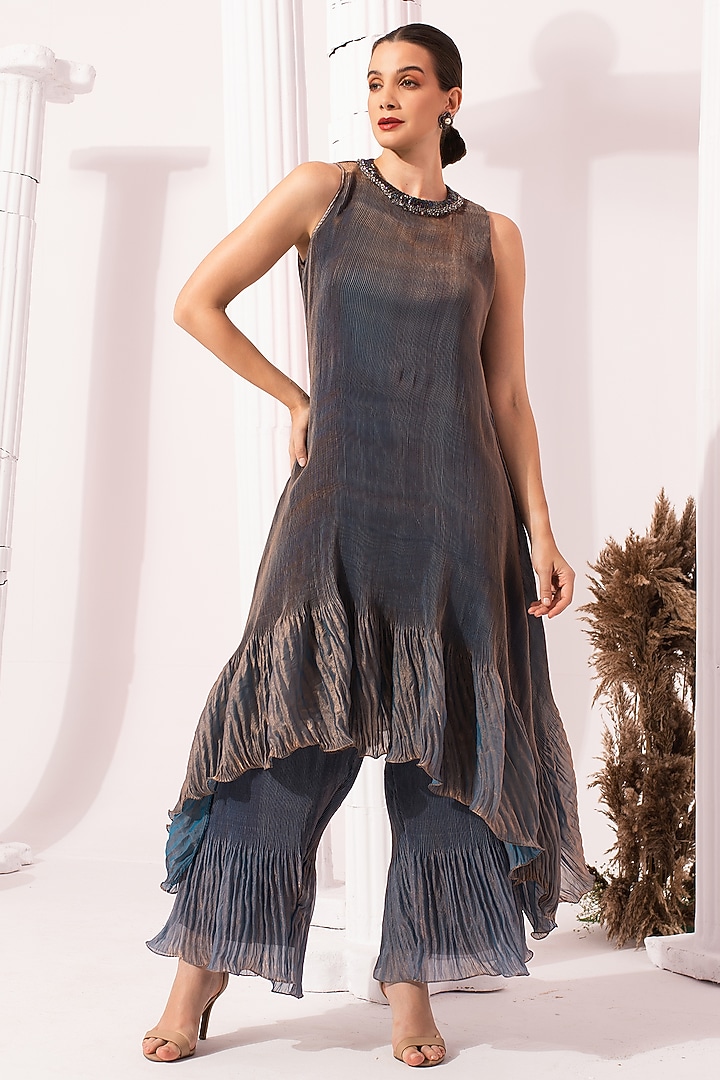 Steel Blue Tissue Satin Embroidered Party Wear Sharara Set by Preeti mehta at Pernia's Pop Up Shop