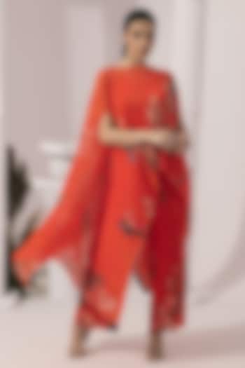 Orangey Red Micro Pleated Chiffon Lurex Floral Kaftan Set by Preeti mehta at Pernia's Pop Up Shop