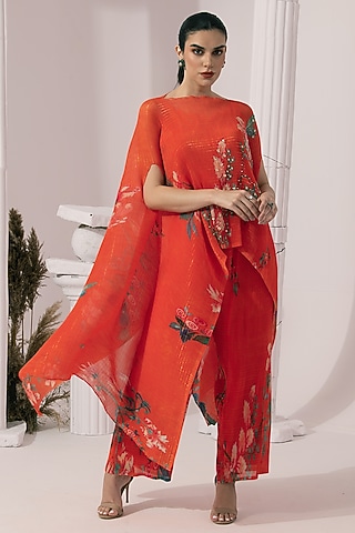 Orangey Red Micro Pleated Chiffon Lurex Floral Kaftan Set by Preeti mehta