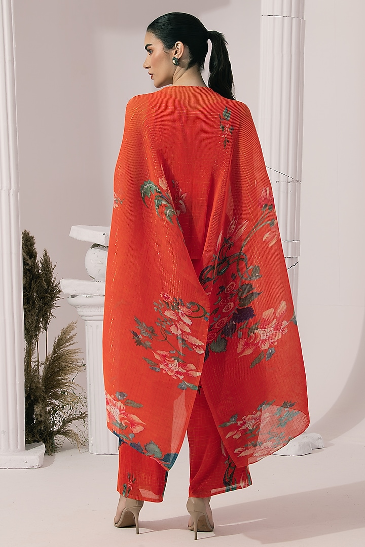 Orangey Red Micro Pleated Chiffon Lurex Floral Kaftan Set by Preeti mehta at Pernia's Pop Up Shop