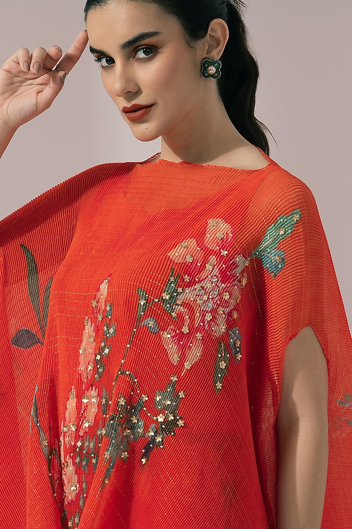 Orangey Red Micro Pleated Chiffon Lurex Floral Kaftan Set by Preeti mehta at Pernia's Pop Up Shop