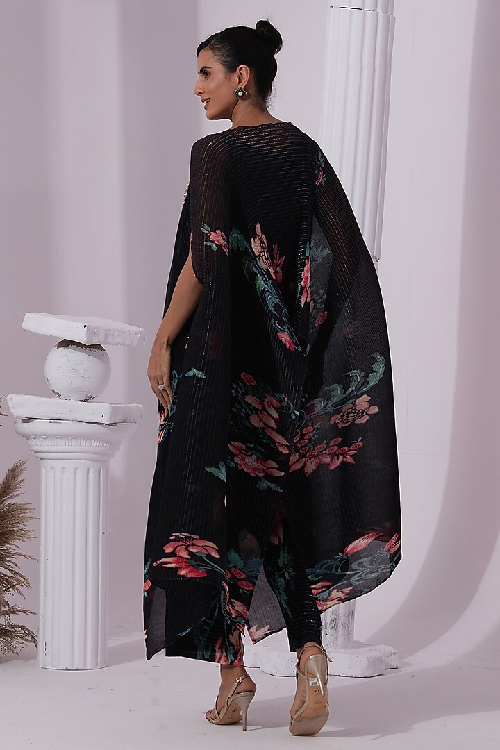 Black Micro Pleated Chiffon Lurex Floral Kaftan Set by Preeti mehta at Pernia's Pop Up Shop
