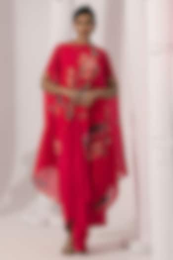 Cherry Pink Viscose Crepe Embroidered Dhoti Set by Preeti mehta at Pernia's Pop Up Shop