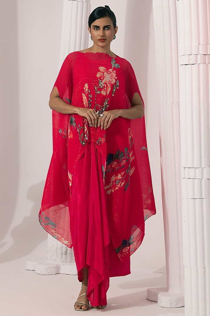 Cherry Pink Viscose Crepe Embroidered Dhoti Set by Preeti mehta at Pernia's Pop Up Shop