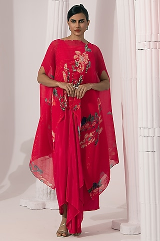 Cherry Pink Viscose Crepe Embroidered Dhoti Set by Preeti mehta