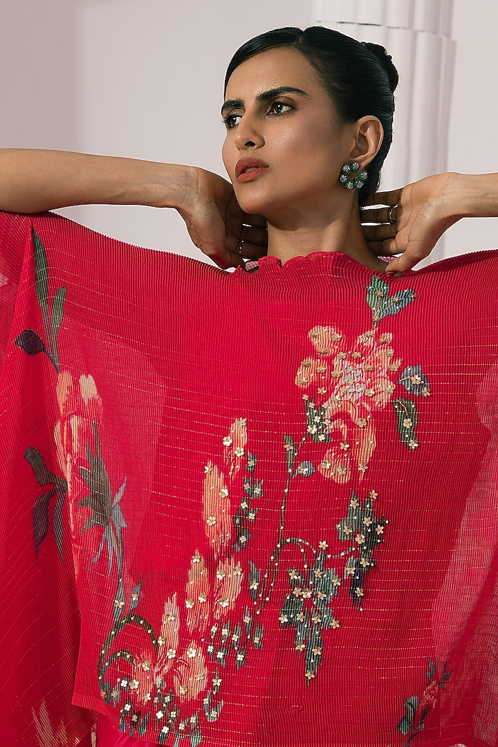 Cherry Pink Viscose Crepe Embroidered Dhoti Set by Preeti mehta at Pernia's Pop Up Shop