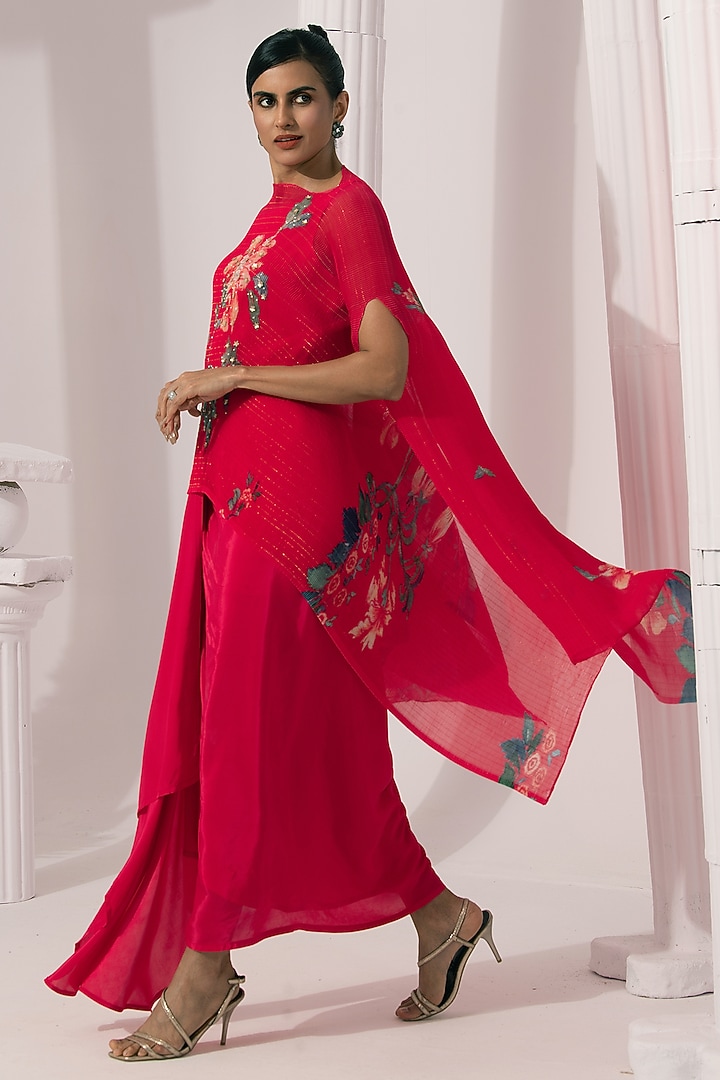 Cherry Pink Viscose Crepe Embroidered Dhoti Set by Preeti mehta at Pernia's Pop Up Shop