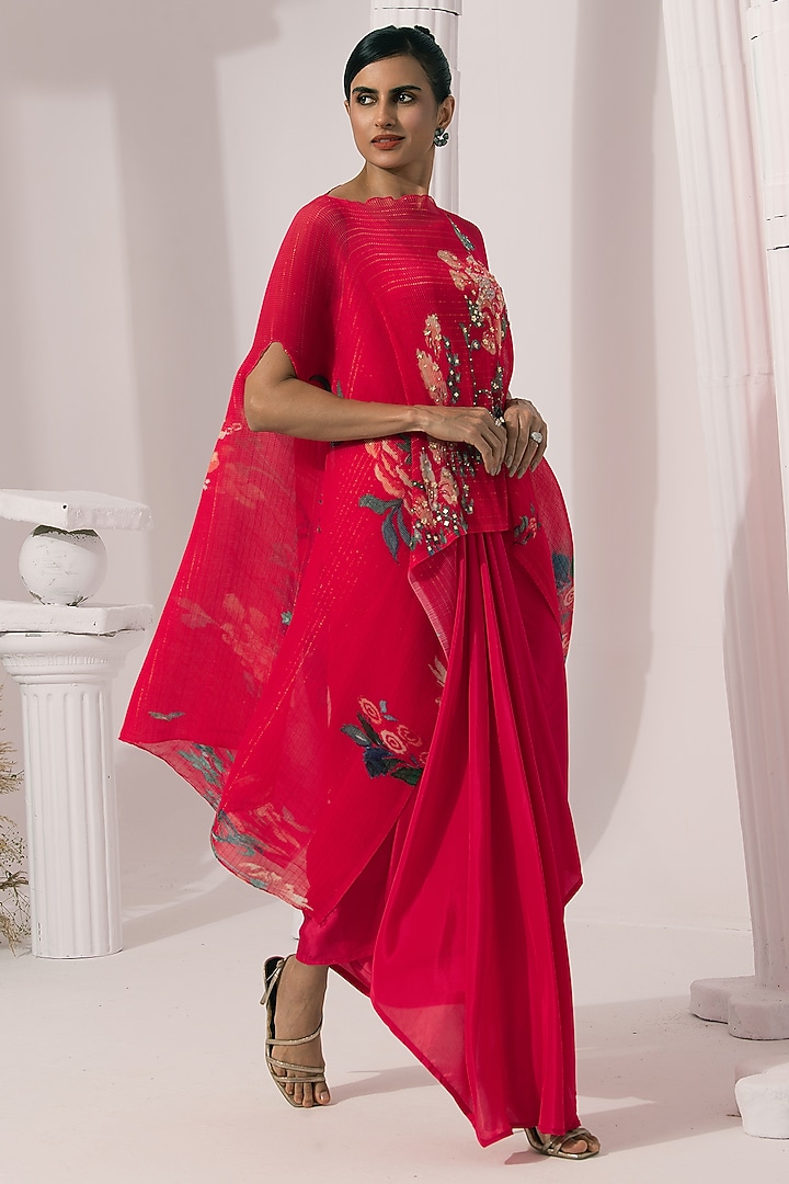Cherry Pink Viscose Crepe Embroidered Dhoti Set by Preeti mehta at Pernia's Pop Up Shop