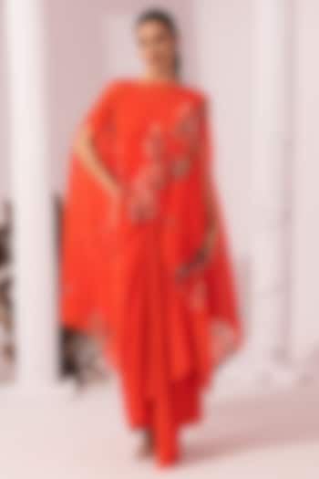 Orangey Pink Viscose Crepe Embroidered Dhoti Set by Preeti mehta at Pernia's Pop Up Shop