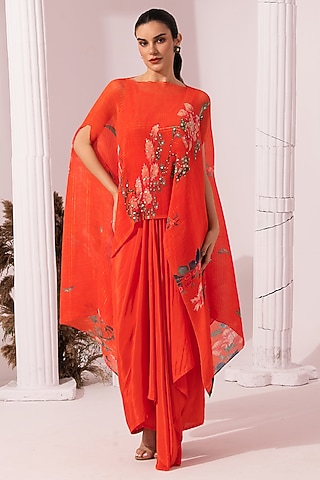 Orangey Pink Viscose Crepe Embroidered Dhoti Set by Preeti mehta