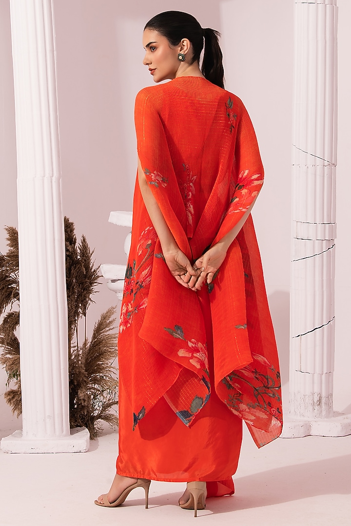 Orangey Pink Viscose Crepe Embroidered Dhoti Set by Preeti mehta at Pernia's Pop Up Shop