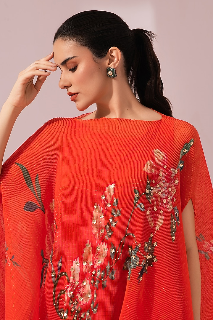 Orangey Pink Viscose Crepe Embroidered Dhoti Set by Preeti mehta at Pernia's Pop Up Shop