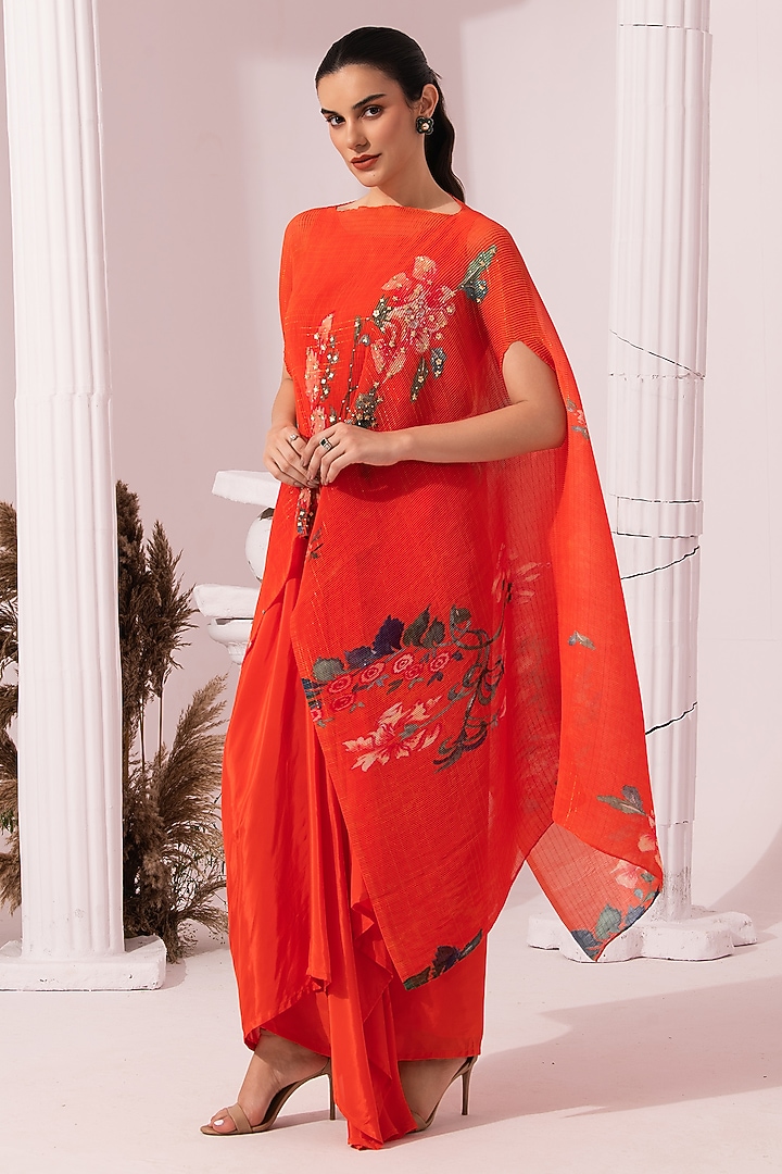 Orangey Pink Viscose Crepe Embroidered Dhoti Set by Preeti mehta at Pernia's Pop Up Shop