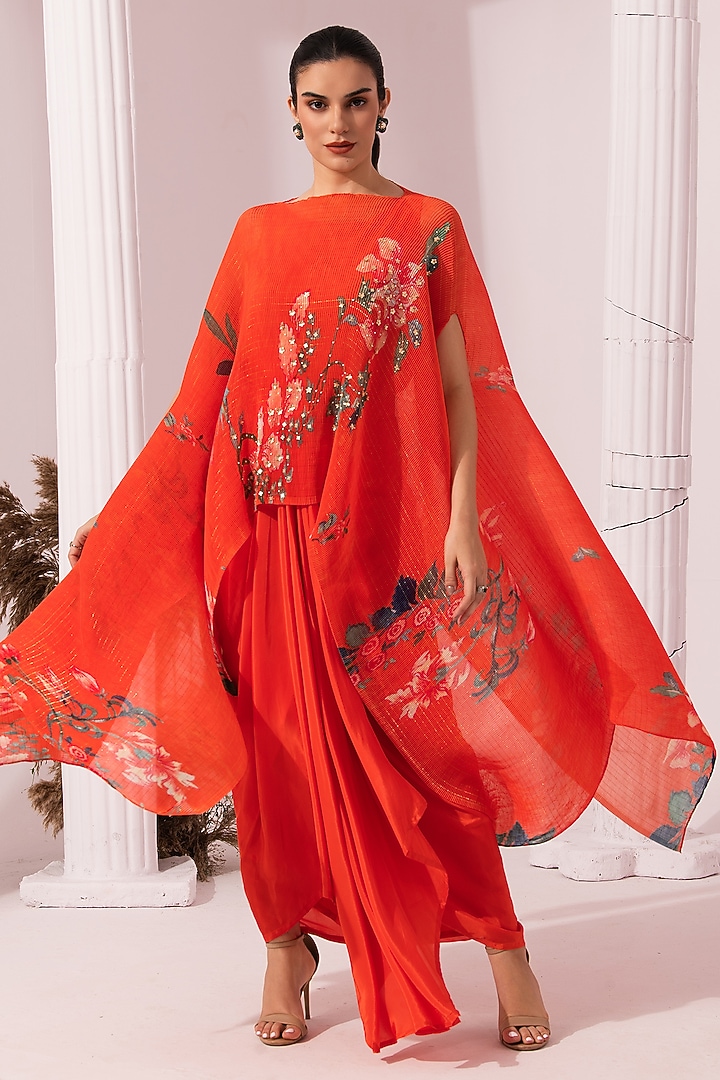 Orangey Pink Viscose Crepe Embroidered Dhoti Set by Preeti mehta at Pernia's Pop Up Shop
