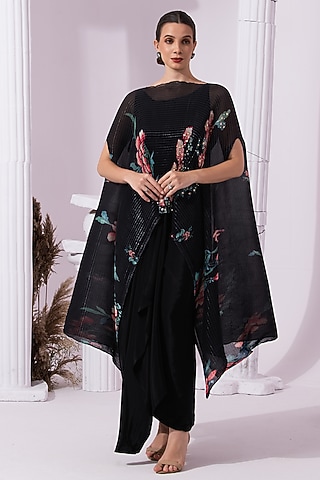 Jet Black Viscose Crepe Embroidered Dhoti Set by Preeti mehta