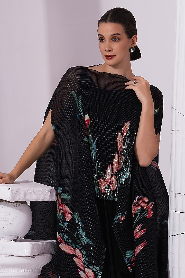 Jet Black Viscose Crepe Embroidered Dhoti Set by Preeti mehta at Pernia's Pop Up Shop