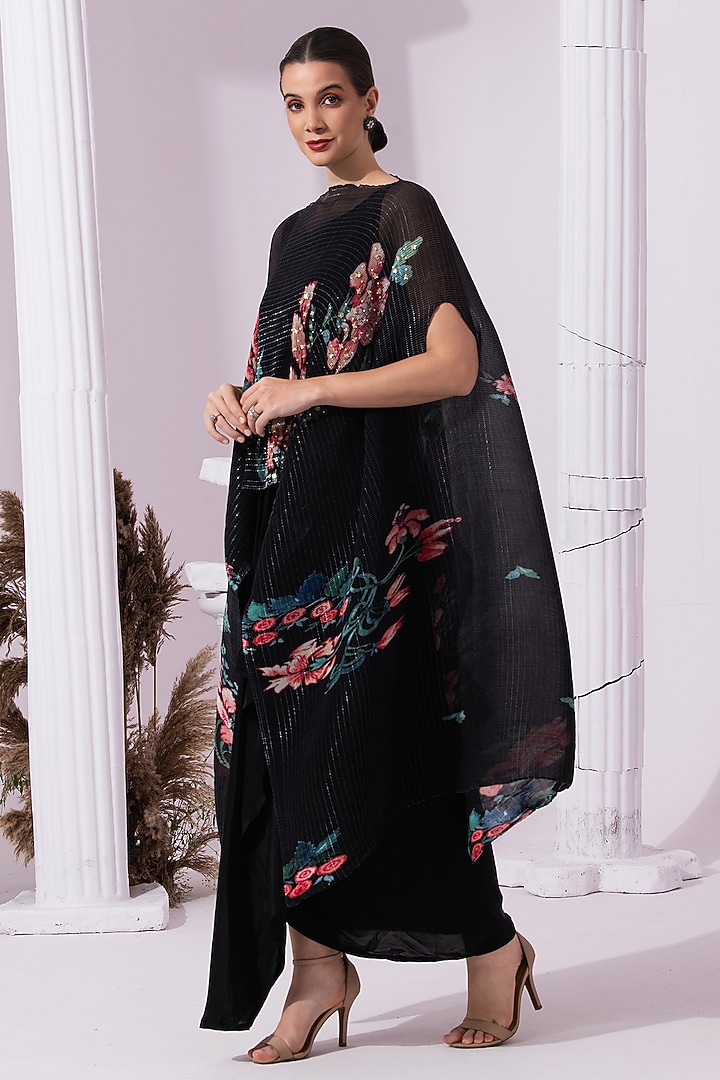 Jet Black Viscose Crepe Embroidered Dhoti Set by Preeti mehta at Pernia's Pop Up Shop