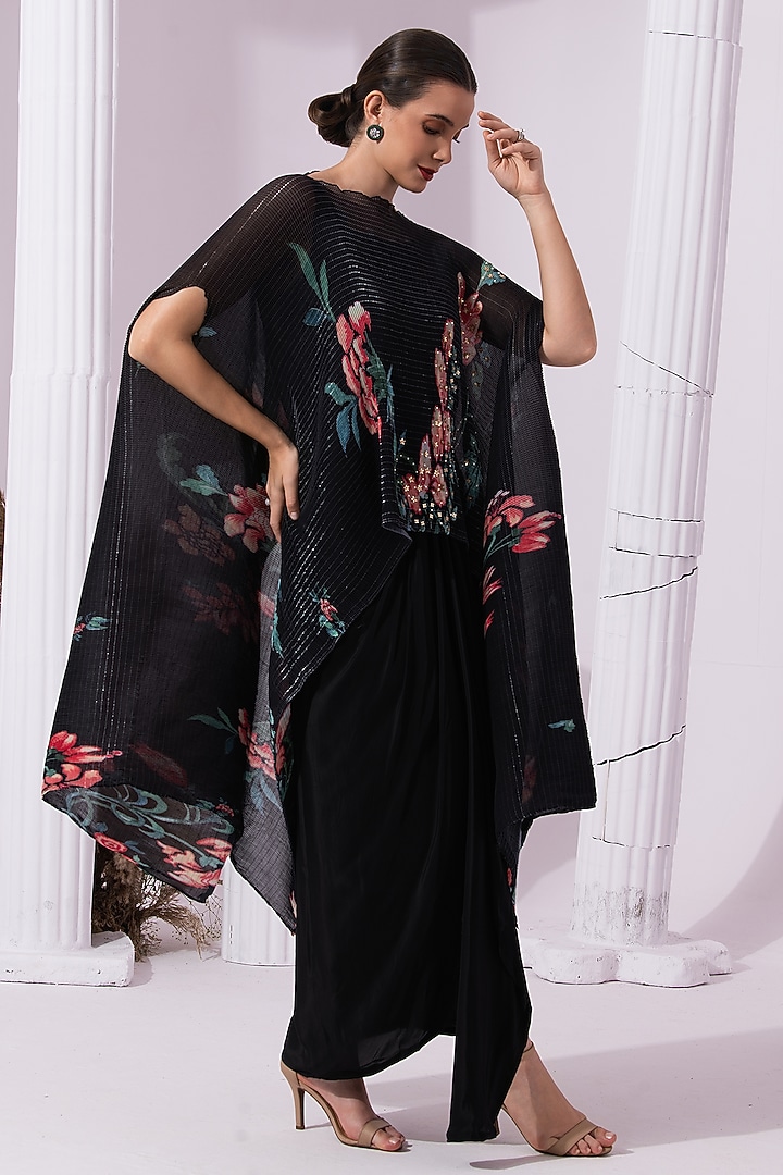 Jet Black Viscose Crepe Embroidered Dhoti Set by Preeti mehta at Pernia's Pop Up Shop