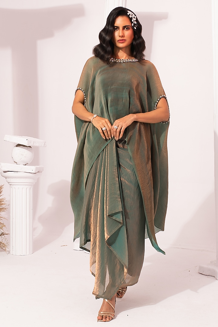 Moss Green Two Tone Tissue Satin Draped Dhoti Set by Preeti mehta at Pernia's Pop Up Shop
