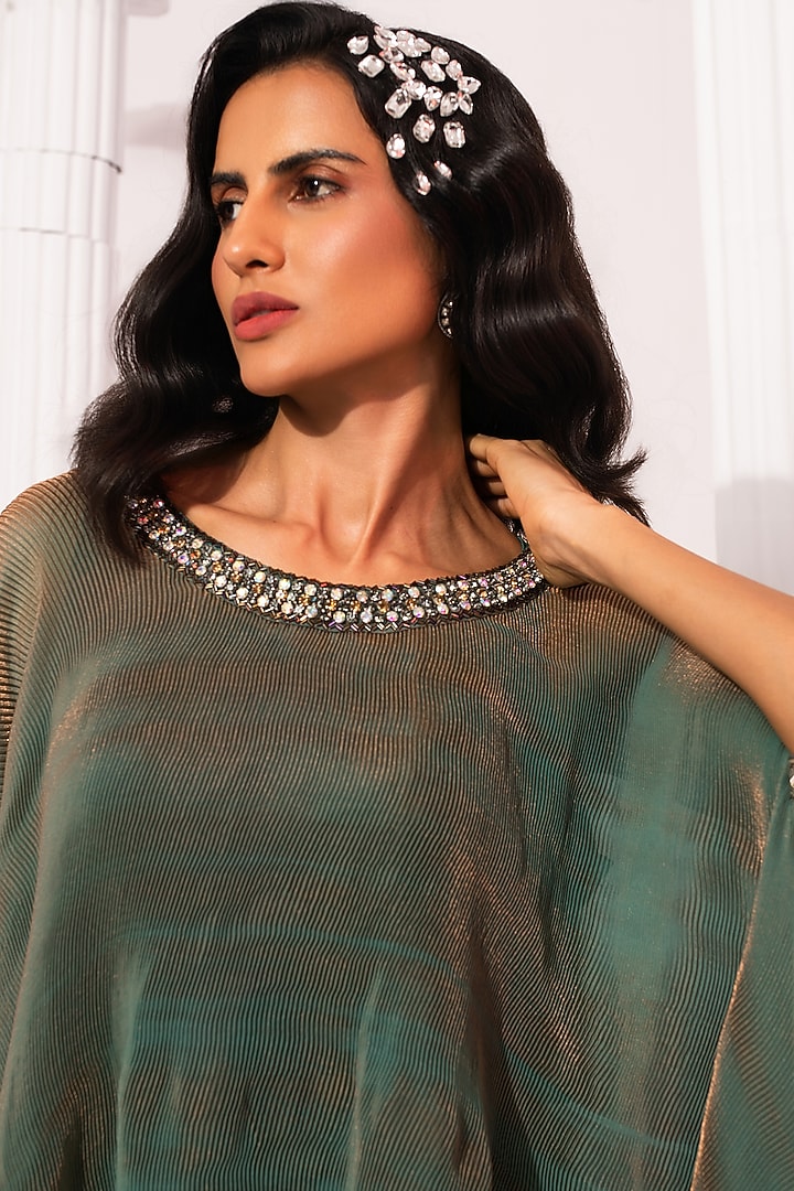 Moss Green Two Tone Tissue Satin Draped Dhoti Set by Preeti mehta at Pernia's Pop Up Shop