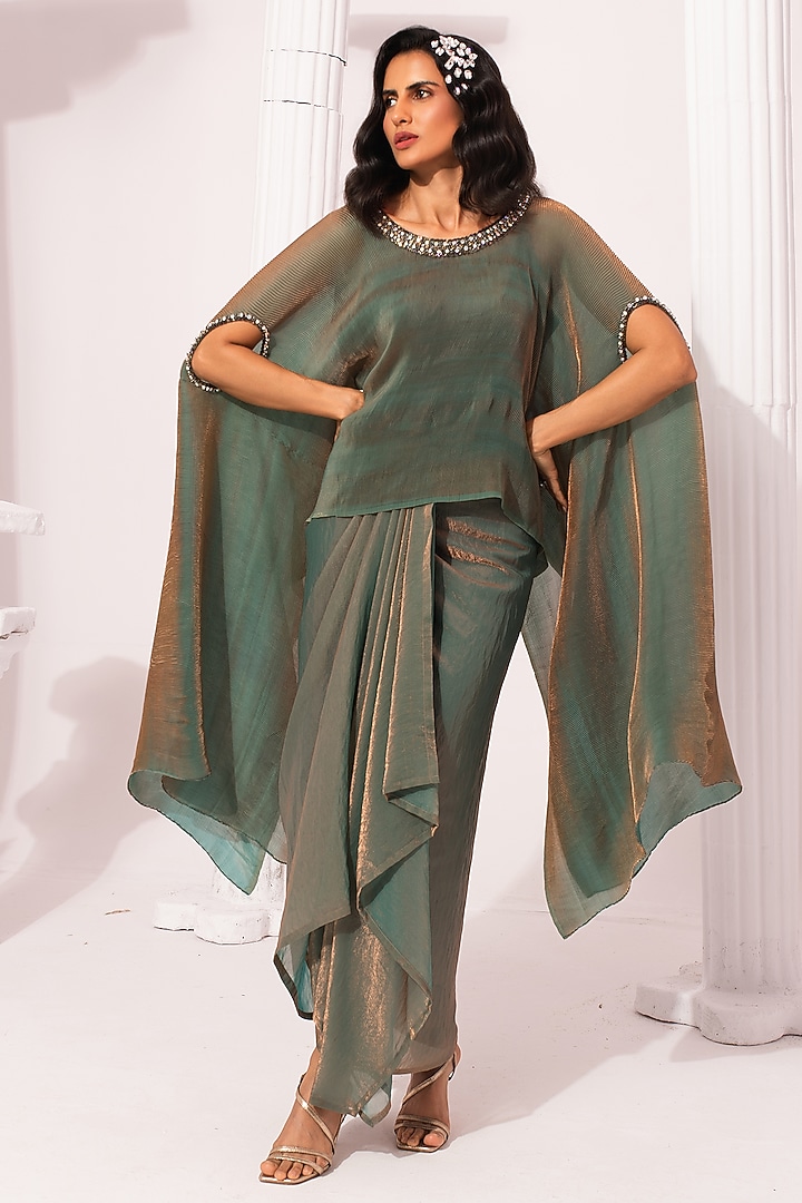 Moss Green Two Tone Tissue Satin Draped Dhoti Set by Preeti mehta at Pernia's Pop Up Shop
