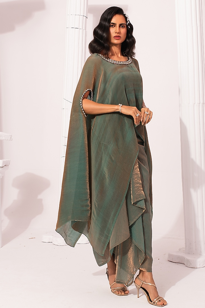 Moss Green Two Tone Tissue Satin Draped Dhoti Set by Preeti mehta at Pernia's Pop Up Shop