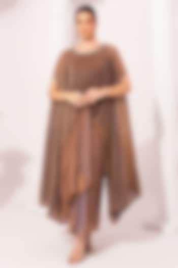 Chestnut Brown Two Tone Tissue Satin Draped Dhoti Set by Preeti mehta at Pernia's Pop Up Shop