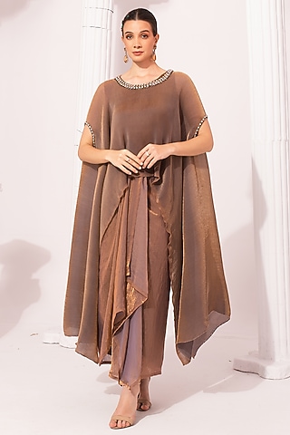 Chestnut Brown Two Tone Tissue Satin Draped Dhoti Set by Preeti mehta