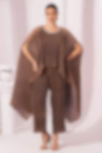 Chestnut Brown Two Tone Tissue Satin Embroidered Kaftan Set by Preeti mehta at Pernia's Pop Up Shop