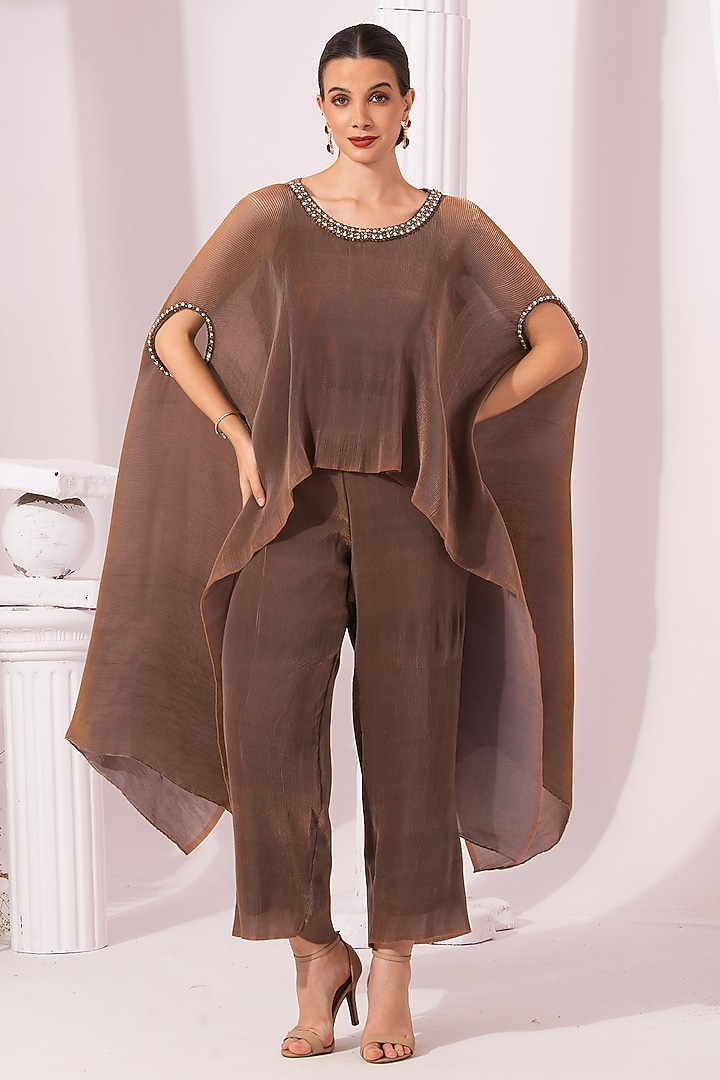 Chestnut Brown Two Tone Tissue Satin Embroidered Kaftan Set by Preeti mehta at Pernia's Pop Up Shop